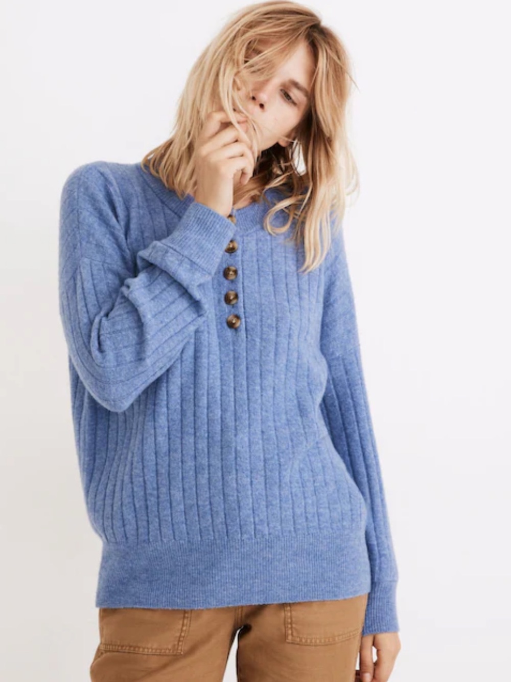 Madewell Alpaca Merino Wool Blend Sky-Blue Ribbed Henley Sweater